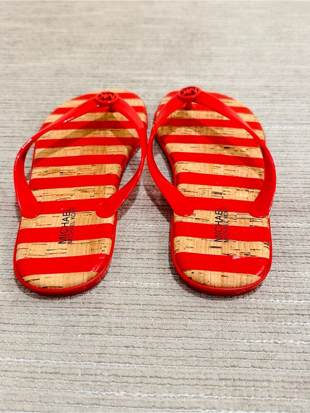 Michael Kors Women Sandal Size 7M Red Stripes Jelly Thong Slide Flip Flop